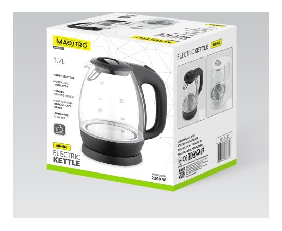 Czajnik elektryczny szklany 2200W MR-063-BLACK MAESTRO Tējkannas (elektriskās)