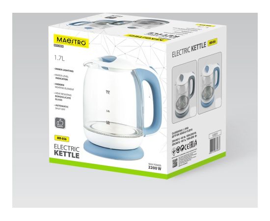 Czajnik elektryczny szklany 1,7l 2200W MR-056-BLUE MAESTRO Tējkannas (elektriskās)