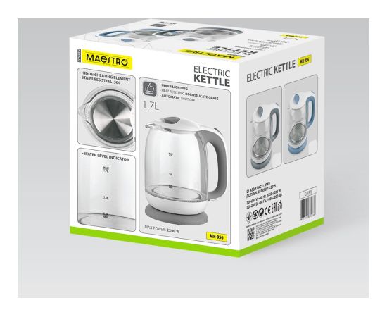 Czajnik elektryczny szklany 1,7l 2200W MR-056-BLUE MAESTRO Tējkannas (elektriskās)