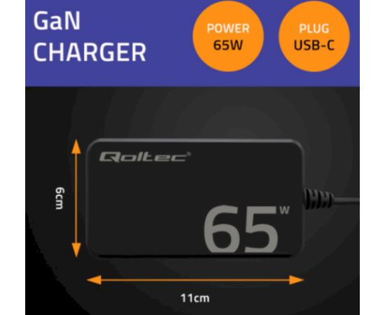Qoltec GaN Super Fast Slim USB‑C Зарядное устройство для ноутбука 65W Зарядки для ноутбуков