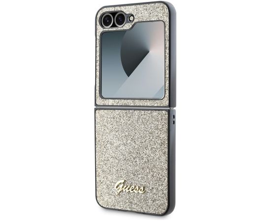 Guess PC/TPU Glitter Flakes Metal Logo Case Aizsargapvalks priekš Samsung Galaxy Z Flip 6/7 FE / zelts Neoriģinālie Maciņi
