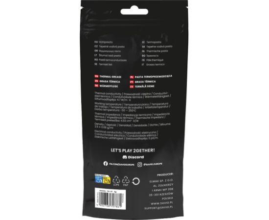 Savio TG-01 2G heat sink compound Thermal paste 4.7 W/m·K Охлаждение процессора