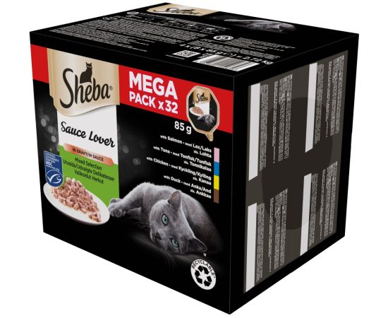 SHEBA Tacka Sos Kacz/Kur/Łos/Tuń 32x85g Kaķu konservi