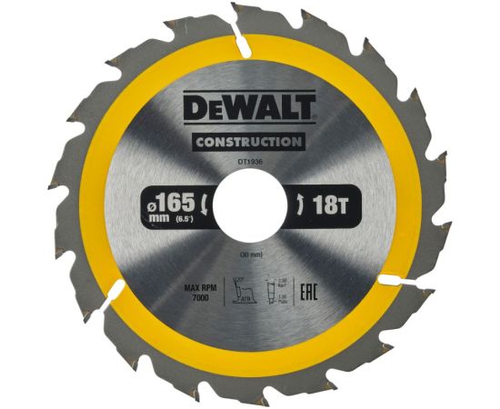 Griešanas disks kokam DeWalt DT1936-QZ; 165x30x1,5 mm; Z18; 20° Zāģripas