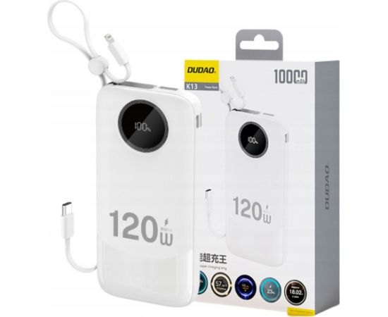 Dudao   120W fast charge built-in cable digital display 10000mAh White Power Banks