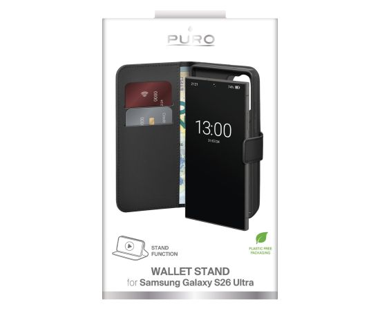 Samsung Galaxy S26 Ultra Eco-Leather Wallet Case by Puro Black Oriģinālie maciņi