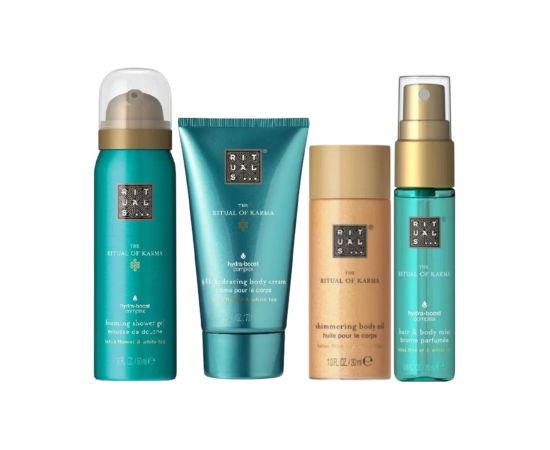 Set Rituals: The Ritual Of Karma, Shower Mousse, 50 ml + The Ritual Of Karma, Shimmer, Body Oil, 30 ml + The Ritual Of Karma, Hydrating, Body Cream, 70 ml + The Ritual Of Karma, Hair Scented Mist, For Women, 20 ml Dāvanu komplekti