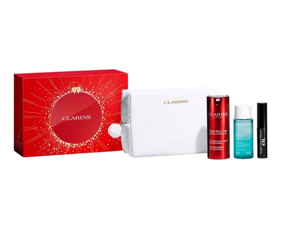 Set Clarins: Total Eye, Lift, Day, Eye Serum, 15 ml + Instant Eye, Makeup Remover Lotion, 30 ml + Wonder Volume, Volumising, Mascara, Black, 3 ml *Miniature + Clarins, Zippered, GWP Textile Pouch, White Dāvanu komplekti