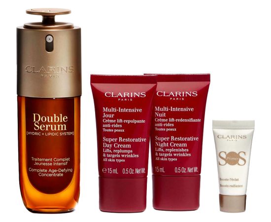 Set Clarins: Super Restorative, Reparative, Day, Cream, For Face, 15 ml + Super Restorative, Reparative, Night, Cream, For Face, 15 ml + Double, Anti-Ageing, Serum, For Face, 50 ml + S.O.S., Moisturizing, Liquid Primer, 5 ml *Miniature Парфюмерные наборы