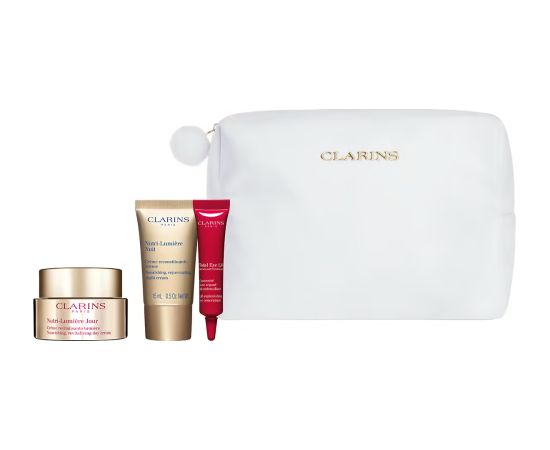 Set Clarins: Nutri-Lumiere, Anti-Ageing, Day, Cream, For Face, 50 ml + Nutri-Lumiere, Anti-Ageing, Night, Cream, For Face, 15 ml + Total Eye, Lift, Eye Serum, 7 ml + Clarins, Zippered, GWP Textile Pouch, White Dāvanu komplekti