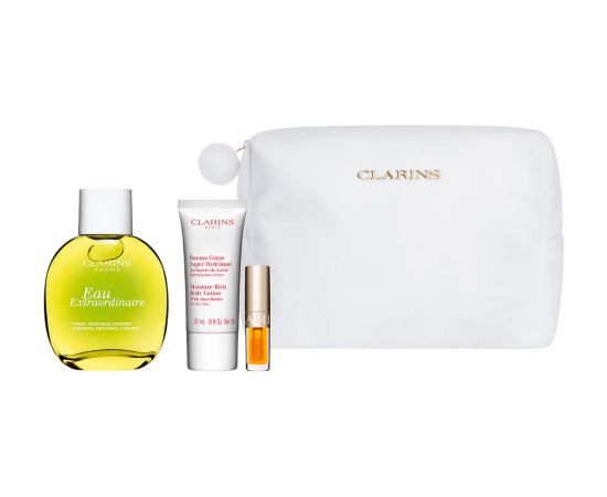 Set Clarins: Eau Extraordinaire, Eau De Toilette, For Women, 100 ml + Moisture-Rich, Shea Butter, Moisturising, Body Lotion, Body, 30 ml + Lip Confort, Lip Oil, 01, 1.4 ml *Miniature + Clarins, Zippered, GWP Textile Pouch, White Dāvanu komplekti