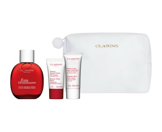 Set Clarins: Eau Dynamisante, Scented Spray, Unisex, 100 ml + Beauty Flash Balm, Brightening, Balm, For Face, 15 ml + Clarins, Zippered, GWP Textile Pouch, White + Moisture-Rich, Shea Butter, Moisturising, Body Lotion, Body, 30 ml Парфюмерные наборы