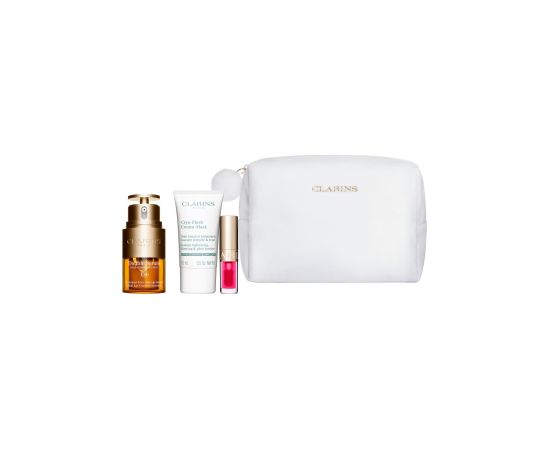 Set Clarins: Double Serum, Anti-Age, Eye Serum, 20 ml + Cryo-Flash, Firming & Radiance, Cream Mask, For Face, 15 ml + Lip Confort, Lip Oil, 04, 1.4 ml + Clarins, Zippered, GWP Textile Pouch, White Dāvanu komplekti