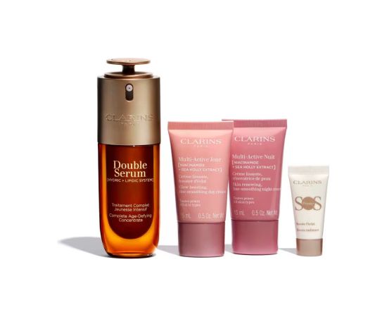 Set Clarins: Double, Anti-Ageing, Serum, For Face, 50 ml + Multi Active Jour, Age-Defying, Day, Cream, For Face, 15 ml + Multi Active, Smoothing, Night, Cream, For Face, 15 ml + S.O.S., Moisturizing, Liquid Primer, 5 ml *Miniature Dāvanu komplekti