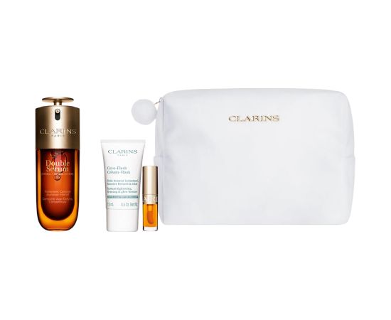 Set Clarins: Double, Anti-Ageing, Serum, For Face, 50 ml + Cryo-Flash, Firming & Radiance, Cream Mask, For Face, 15 ml + Lip Confort, Lip Oil, 01, 1.4 ml *Miniature + Clarins, Zippered, GWP Textile Pouch, White Dāvanu komplekti