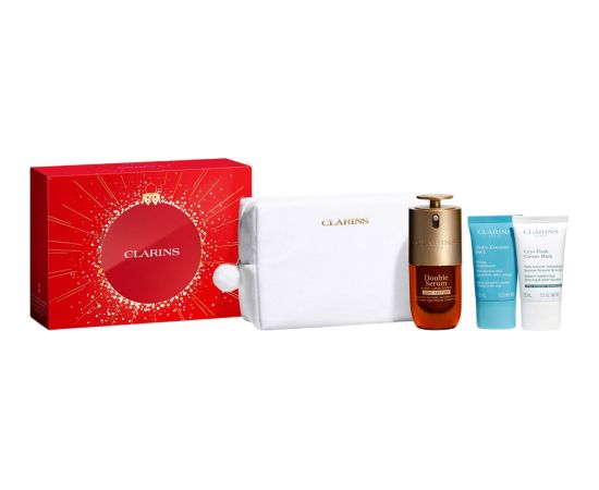 Set Clarins: Cryo-Flash, Firming & Radiance, Cream Mask, For Face, 15 ml + Double Light, Age-Defying, Serum, For Face, 30 ml + Hydra-Essentiel, Moisturising, Cream, For Face, 15 ml + Clarins, Zippered, GWP Textile Pouch, White Dāvanu komplekti