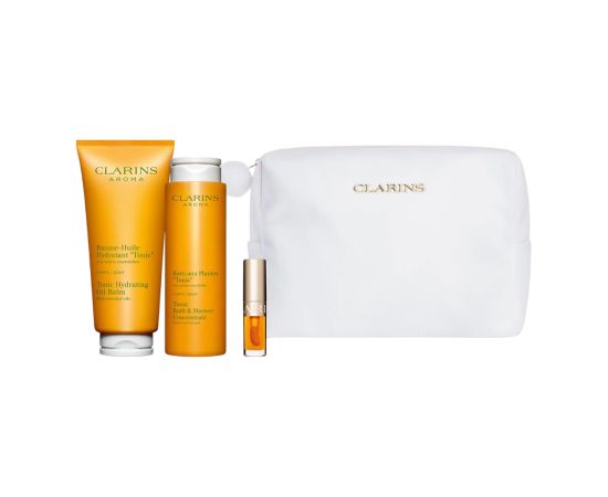 Set Clarins: Aroma, Essential Oils, Hydrating, Body Oil, 200 ml + Aroma, Essential Oils, Shower Gel, All Over The Body, 200 ml + Lip Confort, Lip Oil, 01, 1.4 ml *Miniature + Clarins, Zippered, GWP Textile Pouch, White Dāvanu komplekti