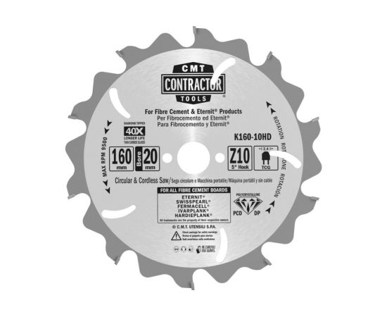 Griešanas disks šķiedru cementam CMT K160-10HD; 160x20 mm; Z10; 5° Zāģripas