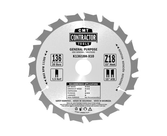 Griešanas disks kokam CMT K16024H; 160x20 mm; Z24; 15° Zāģripas