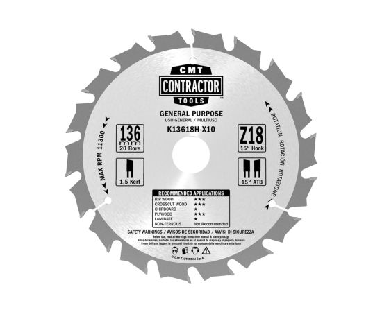 Griešanas disks kokam CMT K30072M; 300x30 mm; Z72; 18° Zāģripas