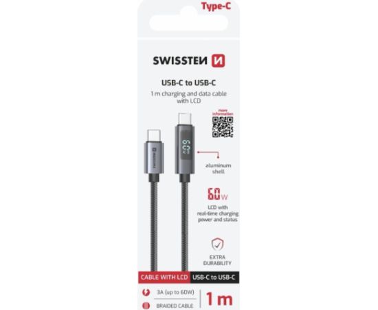 Swissten LCD Кабель 60W USB-C - USB-C 1m Дата USB-кабели