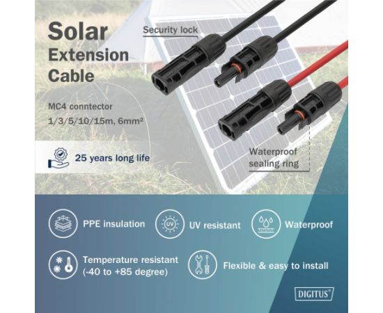 Digitus solar cable extension Ř 6mm˛ PV 1,500Volt (2x 15 meters - 1x red, 1x black, MC4 plug / socket) Jaunumi - Audio-Video