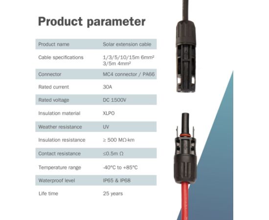 Digitus solar cable extension Ř 6mm˛ PV 1,500Volt (2x 15 meters - 1x red, 1x black, MC4 plug / socket) Jaunumi - Audio-Video