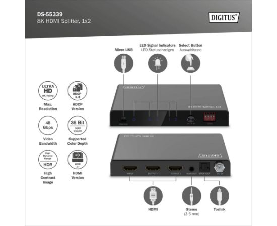 Digitus 8K HDMI Splitter, 1x2 (black, with downscaler) Новинки Компьютерная техника