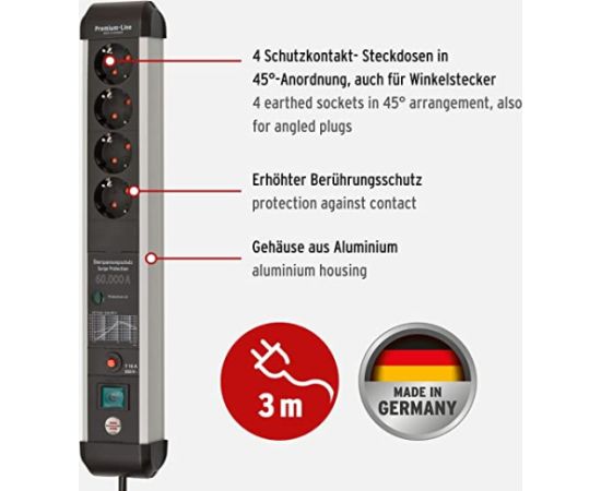 Brennenstuhl Premium Protect Line 4-way, power strip (black/silver, 60,000 A surge protection, 3 meters) Aудио-видео