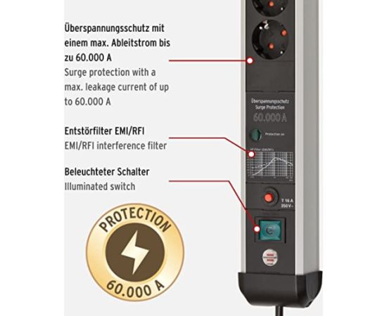 Brennenstuhl Premium Protect Line 4-way, power strip (black/silver, 60,000 A surge protection, 3 meters) Aудио-видео