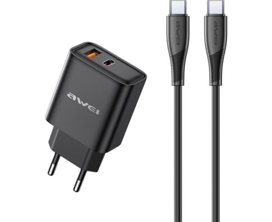 Сетевая зарядка Awei PD81C-EU 22.5W USB-A/USB-C + USB-C to USB-C cable 1.0m черная Зарядные устройства
