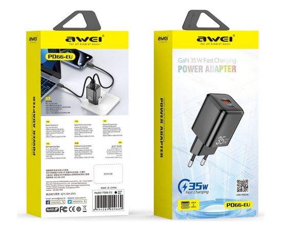 Сетевая зарядка Awei PD66-EU 35W GaN USB-A/USB-C белая Зарядные устройства