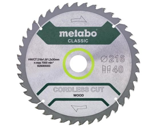 Griešanas disks kokam Metabo HW/CT CORDLESS CUT WOOD - CLASSIC; 216x30x40 mm; 5° Zāģripas