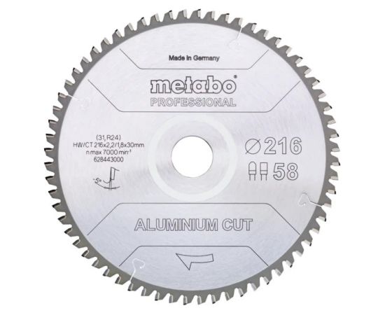 Griešanas disks alumīnijam Metabo FZ/TZ Aluminium Cut Professional; 216x30x58 mm; -5° Zāģripas