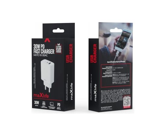 Maxpower Charger 1xUSB-C 1xUSB 30W MXTC-10-30AC White by Maxlife Jaunumi - Viedierices