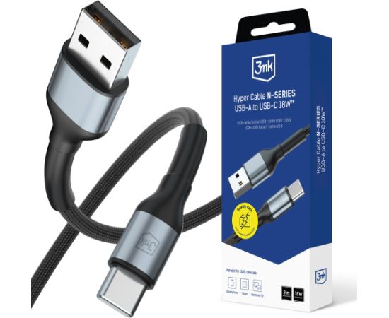 3mk Hyper Cable N-SERIES USB-A | USB-C 2m 9V|2A 18W | melns Data USB kabeļi
