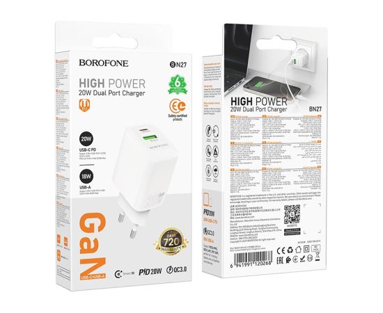 Charger Borofone BN27 20W USB-C/USB-A white Telefonu lādētāji 220v
