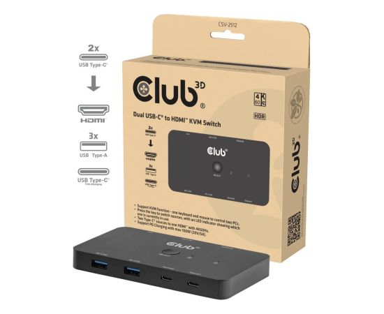 VIDEO SWITCH KVM USB-C TO HDMI/DUAL CSV-2512 CLUB3D Dažādi vadi