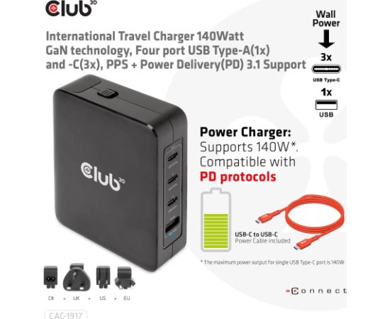 MOBILE TRAVEL CHARGER USB-C/140W GAN CAC-1917 CLUB3D Новинки смартфонов и телефонов