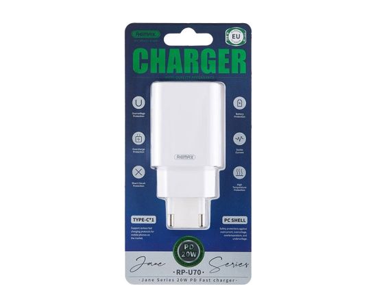 Charger Remax RP-U70 20W USB-C white Telefonu lādētāji 220v