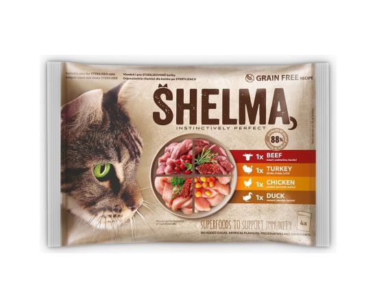 SHELMA Rich in chicken, turkey, beef and duck - wet cat food - 4x85g Консервы кошек