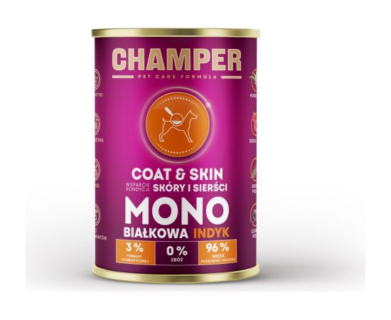 CHAMPER Coat & Skin Monoprotein Turkey - wet dog food - 400g Suņu barība