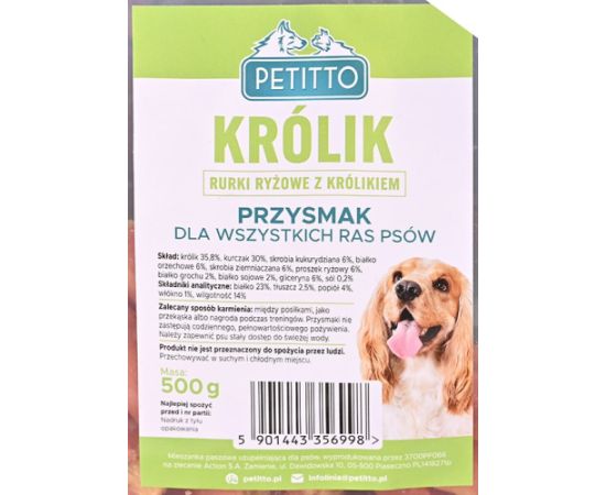 PETITTO Rurki ryżowe z królikiem dla psa 500g Suņu barība