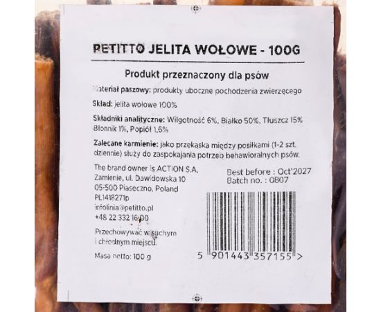 PETITTO Jelito Wołowe - gryzak dla psa - 100g Suņu barība