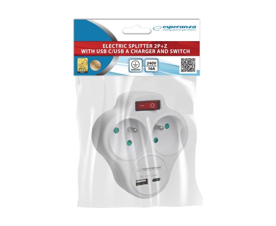 Esperanza ELK311W Electrical splitter 2 GN. USB-C USB-A ON. White Зарядные устройства