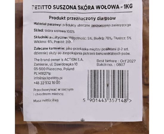 PETITTO Suszona skóra wołowa  -1kg Suņu barība