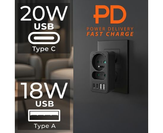 Maclean current socket x2 + 4xUSB, splitter with 2 sockets, 2xUSB A, 2xUSB C PD 20W, 1x16A + 1x6A, MCE249 F/B Зарядные устройства