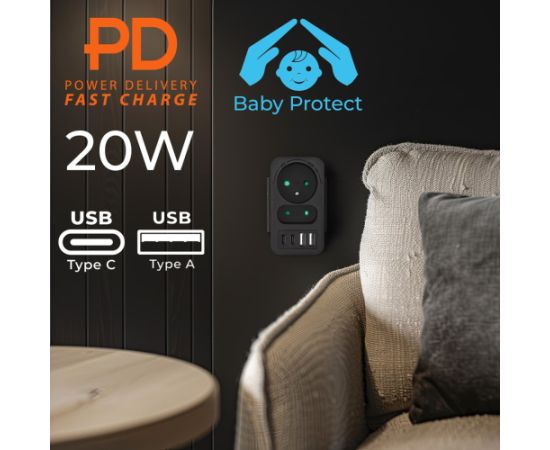 Maclean current socket x2 + 4xUSB, splitter with 2 sockets, 2xUSB A, 2xUSB C PD 20W, 1x16A + 1x6A, MCE249 F/B Зарядные устройства