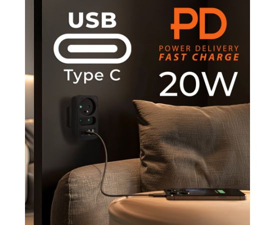 Maclean current socket x2 + 4xUSB, splitter with 2 sockets, 2xUSB A, 2xUSB C PD 20W, 1x16A + 1x6A, MCE249 F/B Зарядные устройства