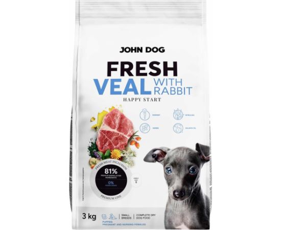 John Dog PUPPY FRESH VEAL WITH RABBIT Karma sucha dla psa 3kg Suņu barība